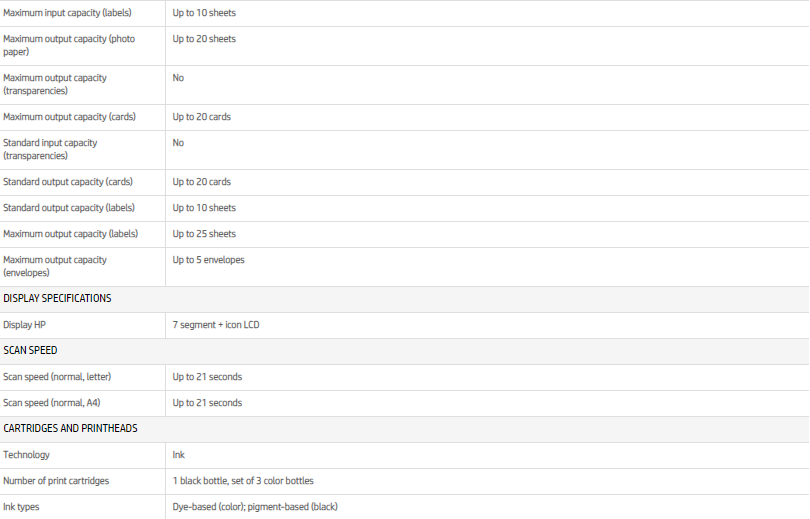 Specifications of the HP INKTANK 315